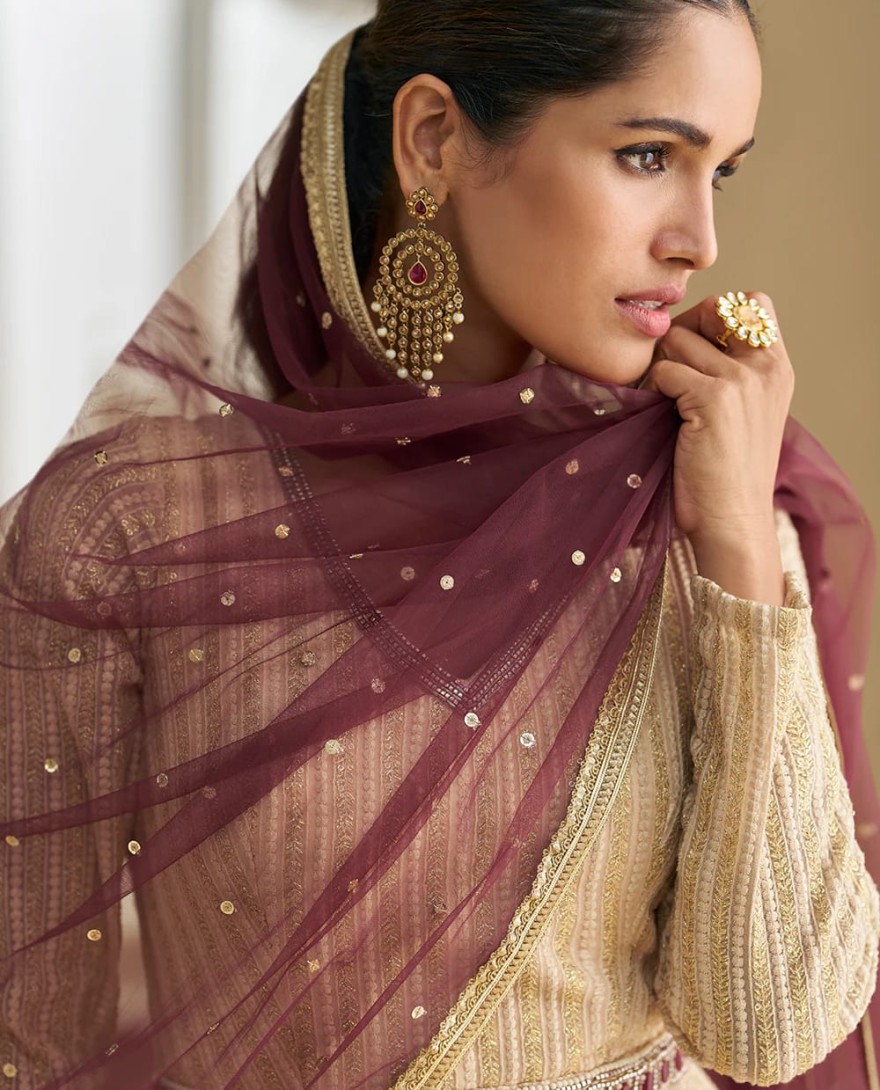 PURPLE - Cream Chikankari Embroidered Wedding Festive Anarkali Gown